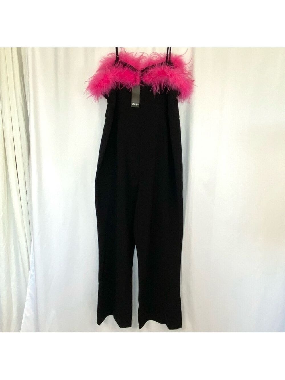 Nasty Gal Black Jumpsuit Hot Pink Feather Trim - Picture 2 of 16